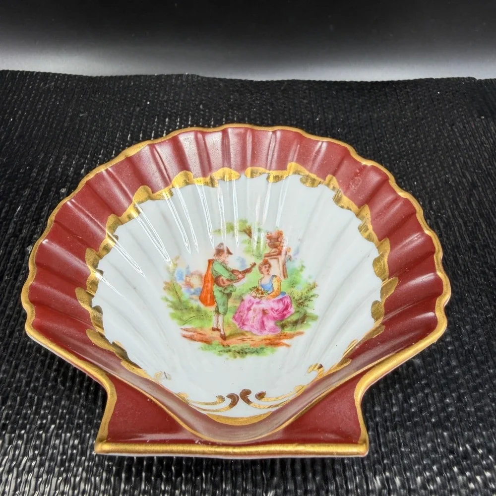 Vintage M Germany Porcelain Shell Trinket Dish Courting Couple Burgundy Gold VTG